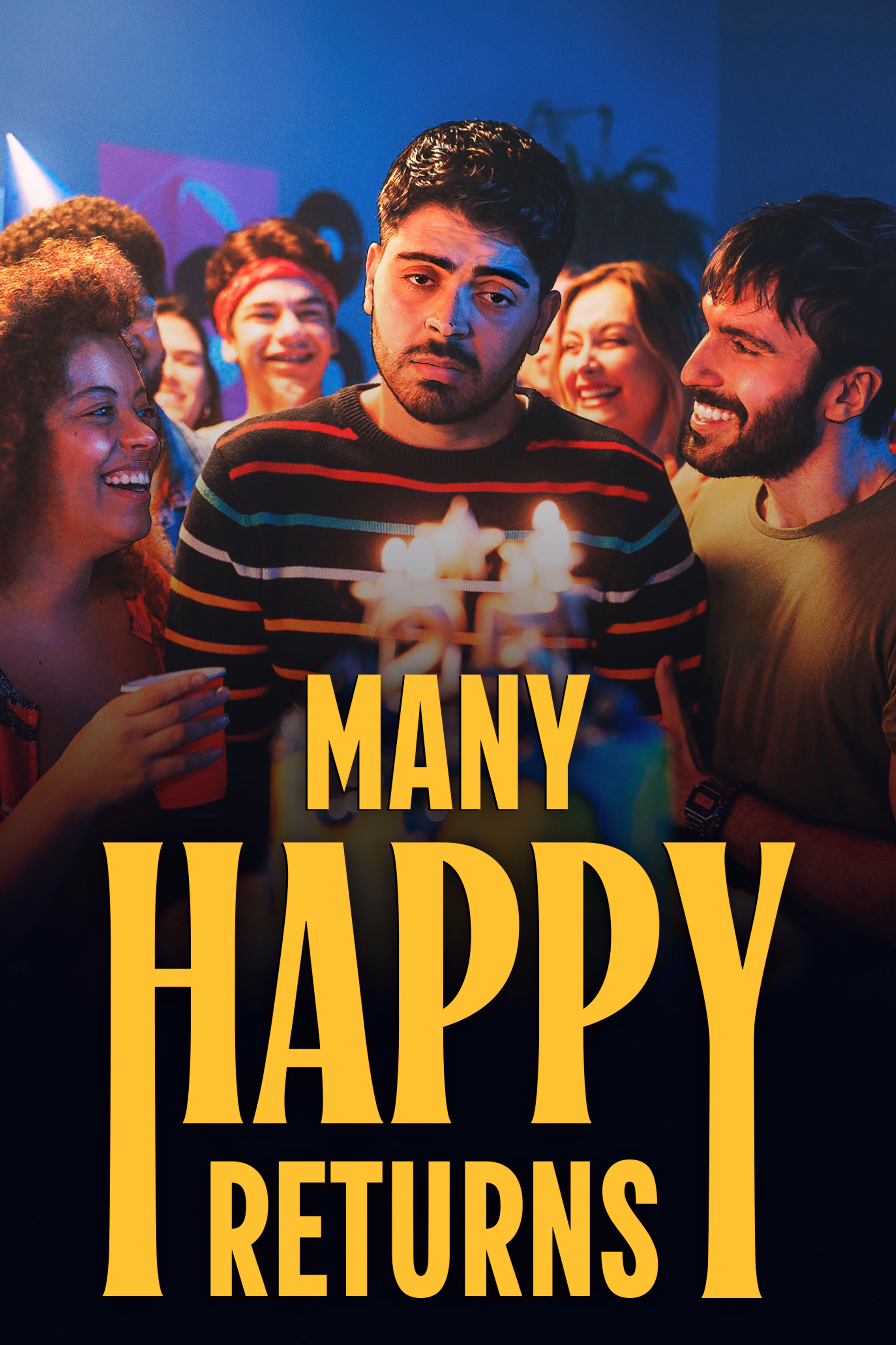 Many Happy Returns gay movie poster featuring a group of friends celebrating together