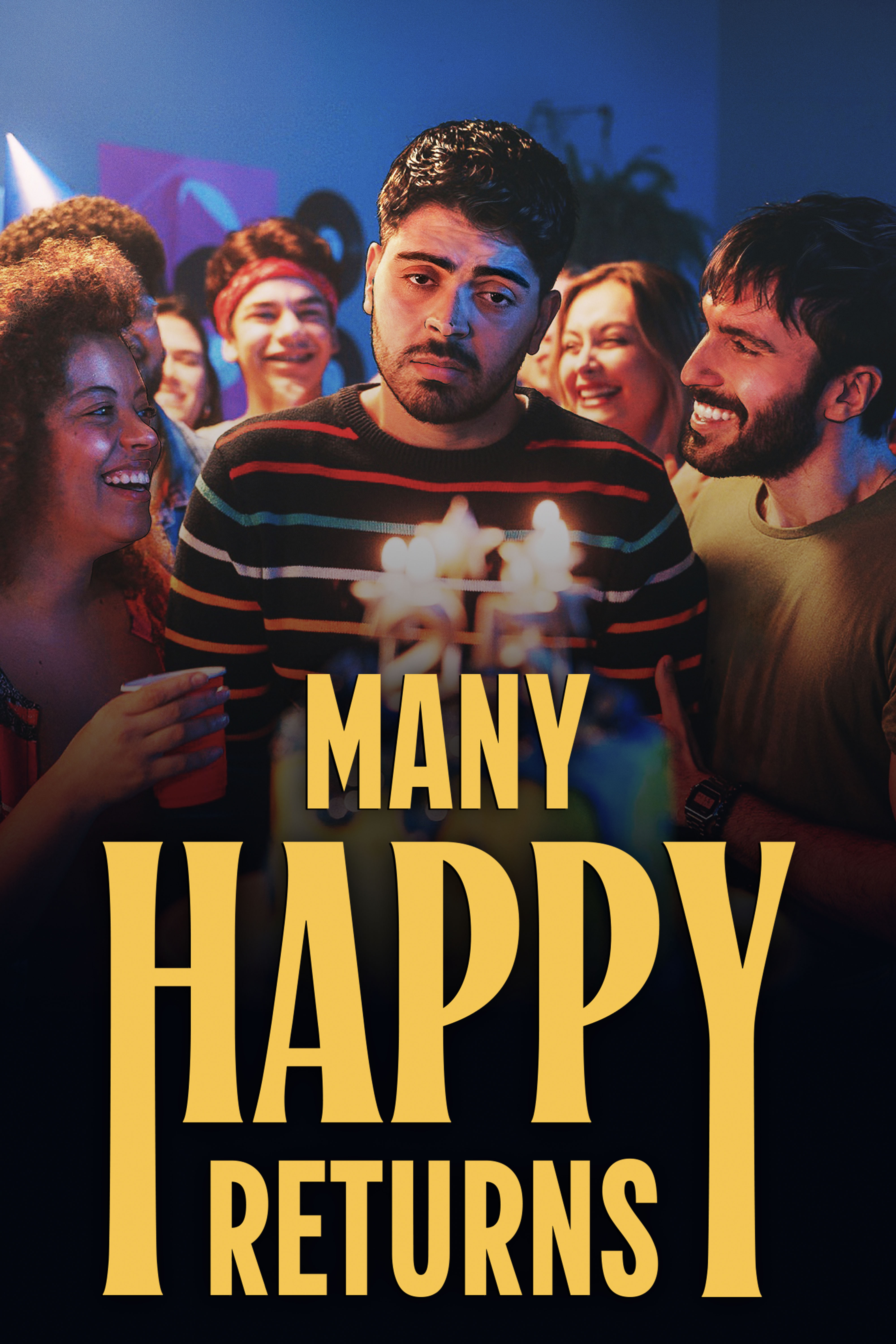 Many Happy Returns gay movie poster featuring a group of friends celebrating together