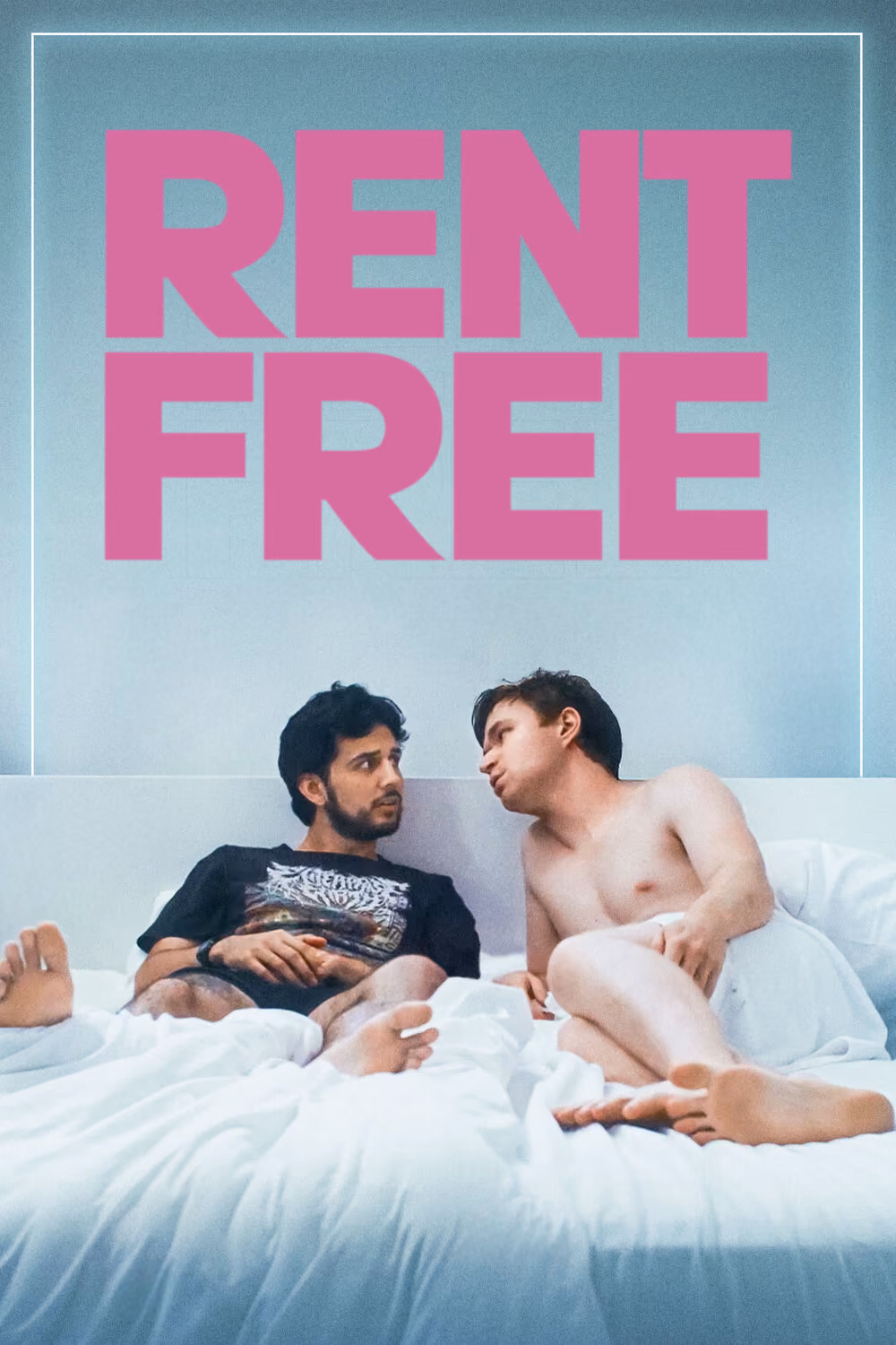 Rent Free movie poster featuring two men sitting together in bed beneath the film’s bold pink title.