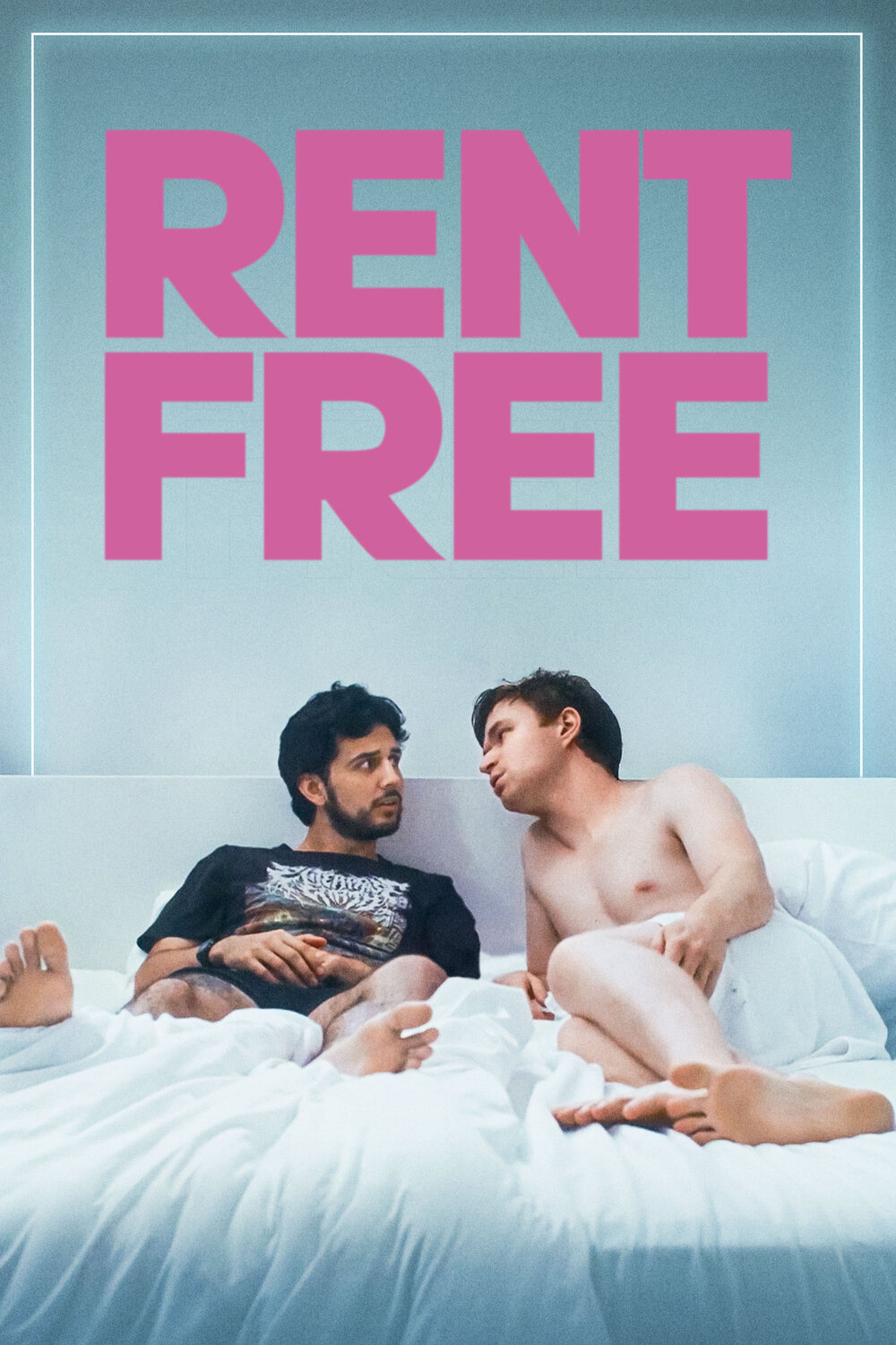 Rent Free movie poster featuring two men sitting together in bed beneath the film’s bold pink title.