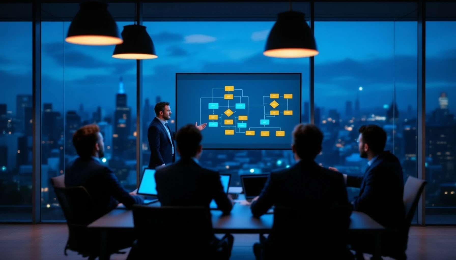Five professionals in a glass-walled conference room at dusk, gathered around a table to review a process architecture diagram displayed on a wall-mounted screen. The diagram shows interconnected decision nodes in blue and amber. A city skyline glows through the windows behind them. Inflectis AI works directly with middle-market aerospace and defense leadership teams to architect AI transformation.