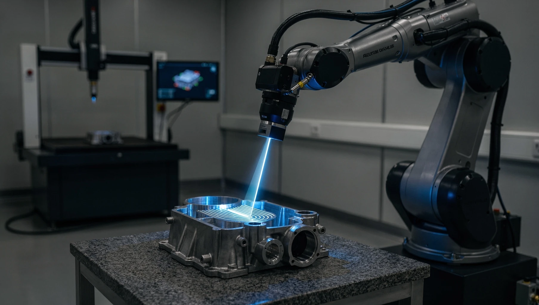 Robotic quality inspection in a regulated aerospace manufacturing environment illustrating the core Inflectis AI differentiator: AI platforms engineered for compliance from inception, designed for middle-market manufacturers operating under ITAR, CMMC, and DFARS requirements.
