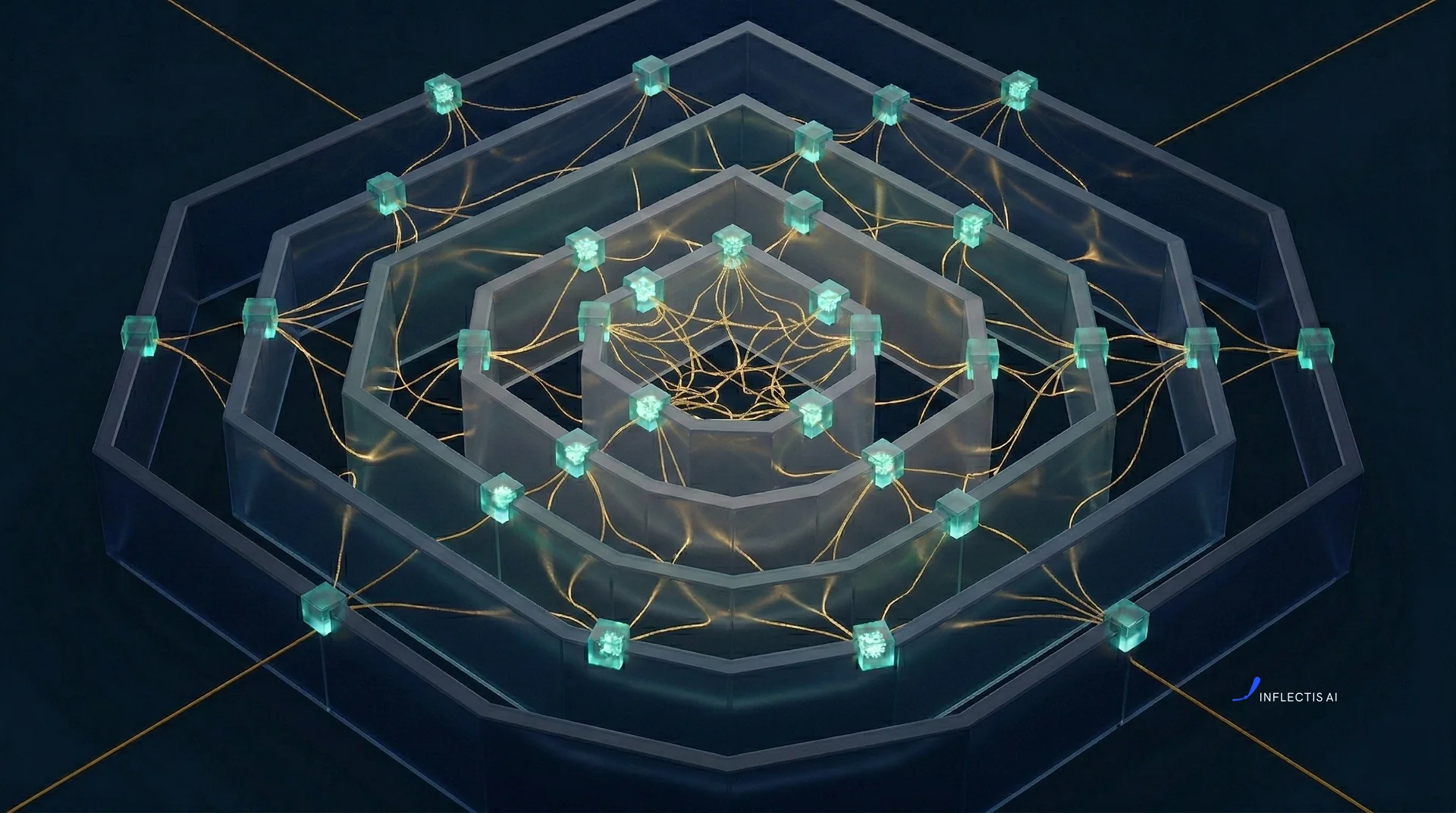 Isometric view into deep navy of nested concentric irregular hexagons forming terraced frosted-glass barriers, glowing teal cube nodes spaced along each hexagon edge, and fine amber filament threads radiating between the nodes and converging at the center.