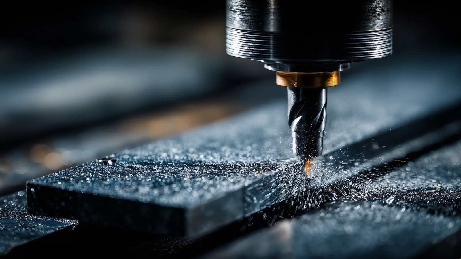 Extreme close-up of a CNC cutting tool engaged with a dark Inconel superalloy aerospace component, a fine chip and coolant mist at the cutting edge.