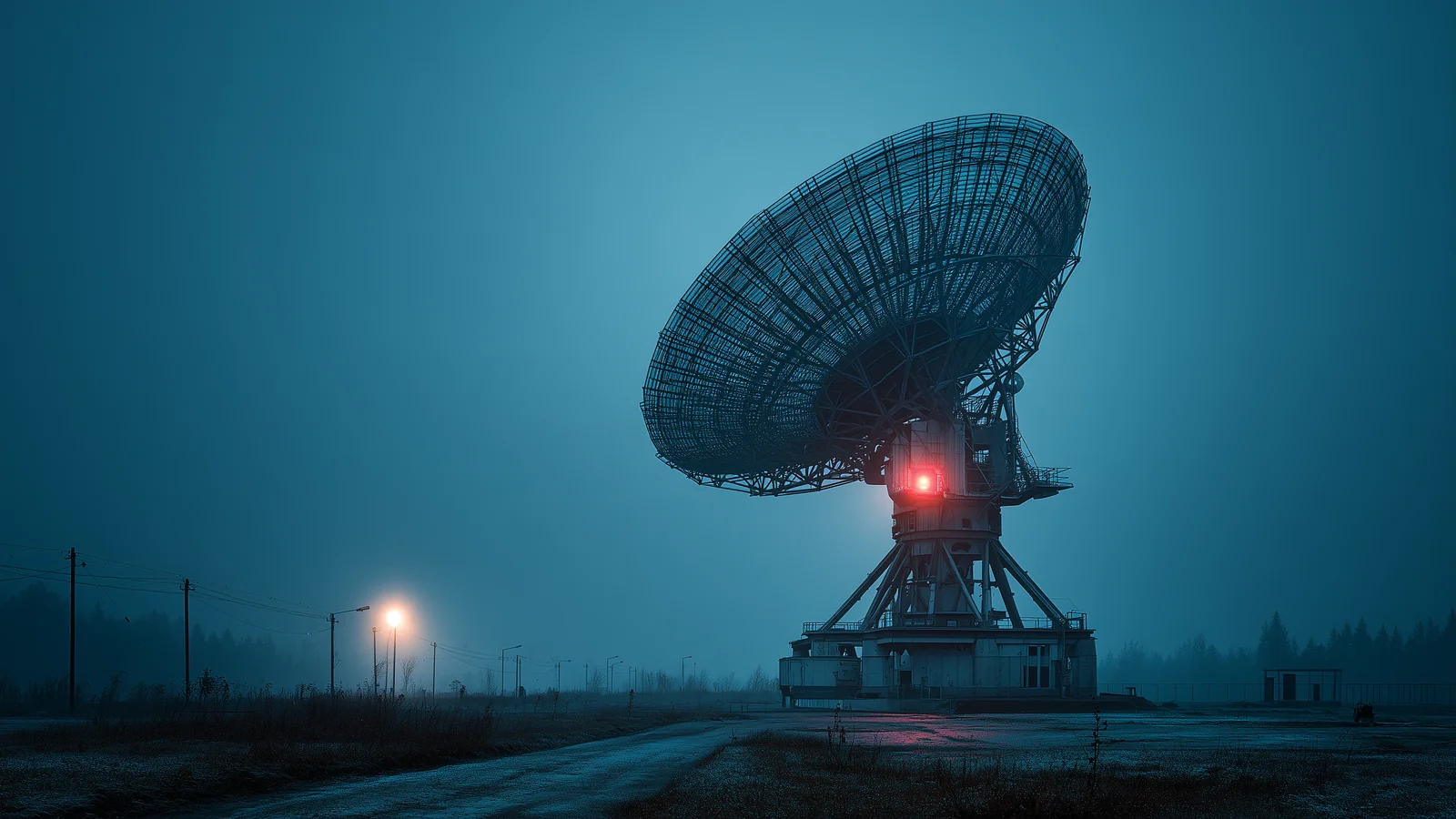 A large parabolic mesh radar antenna at blue hour, mounted on a concrete pedestal, part of a national defense sensing and tracking installation.