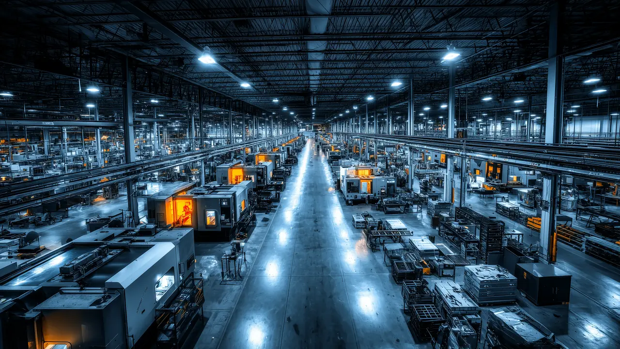 Elevated angled view across a precision industrial manufacturing floor, rows of CNC machining cells receding in cool light with warm work-light accents.