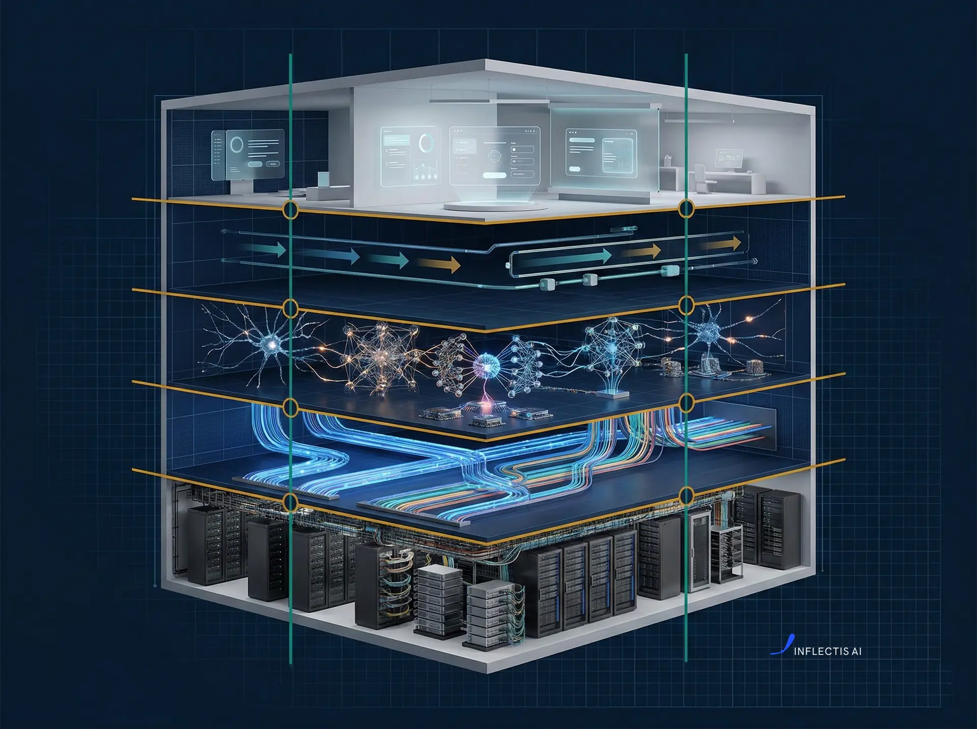 A five-story building with the foundational floor showing computer servers and hardware infrastructure. Next floor above show colored lines of data flow. The third floor is an active neural network. The fourth floor shows arrows flowing from point-to-point. The top floor is an image of a comfortable living room with couches and other furntiture.