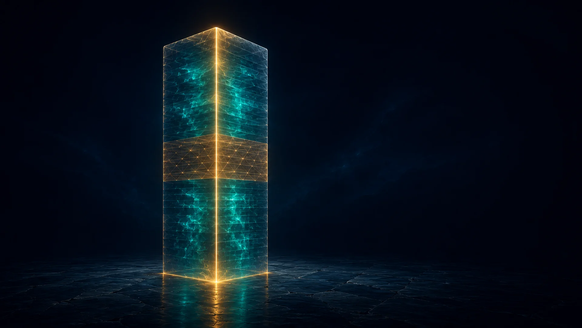 A fused vertical column of translucent glass slabs in deep navy with an unbroken amber line of light up its full height; most slabs glow teal, while one contiguous band sits clear and marked with a faint amber cross-hatch.