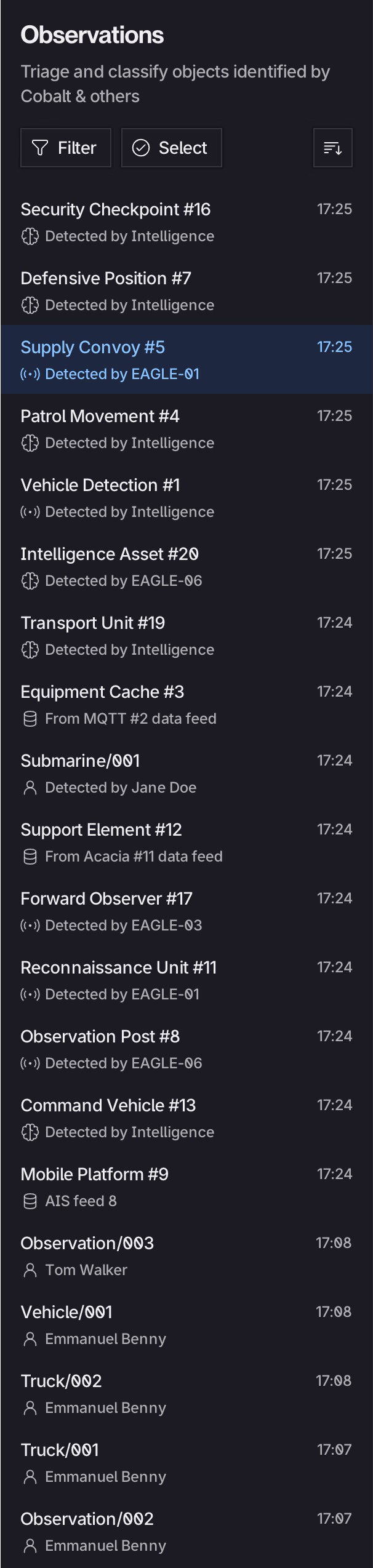 Panel of sighting reports filled with nominal data