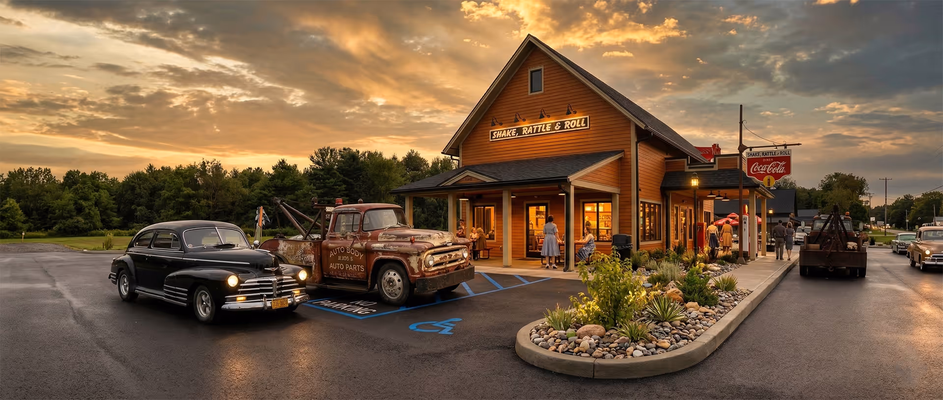A large brown truck is parked in front of a restaurant.