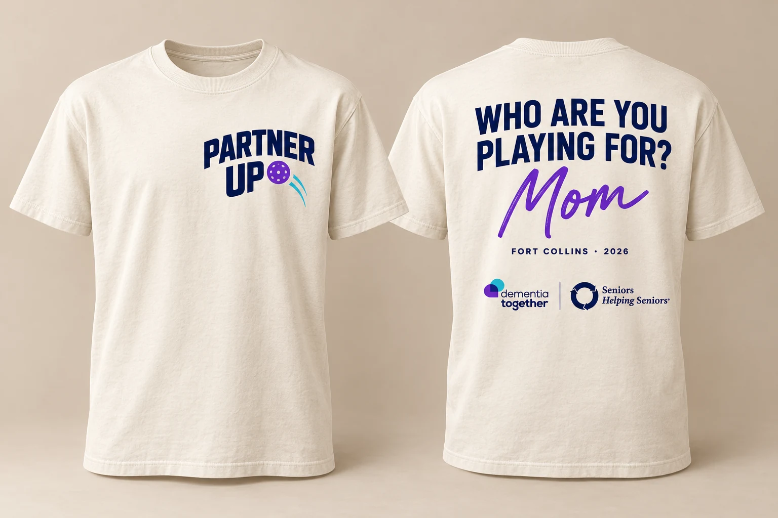 Partner Up event T-shirt mockup, showing the front and back designs