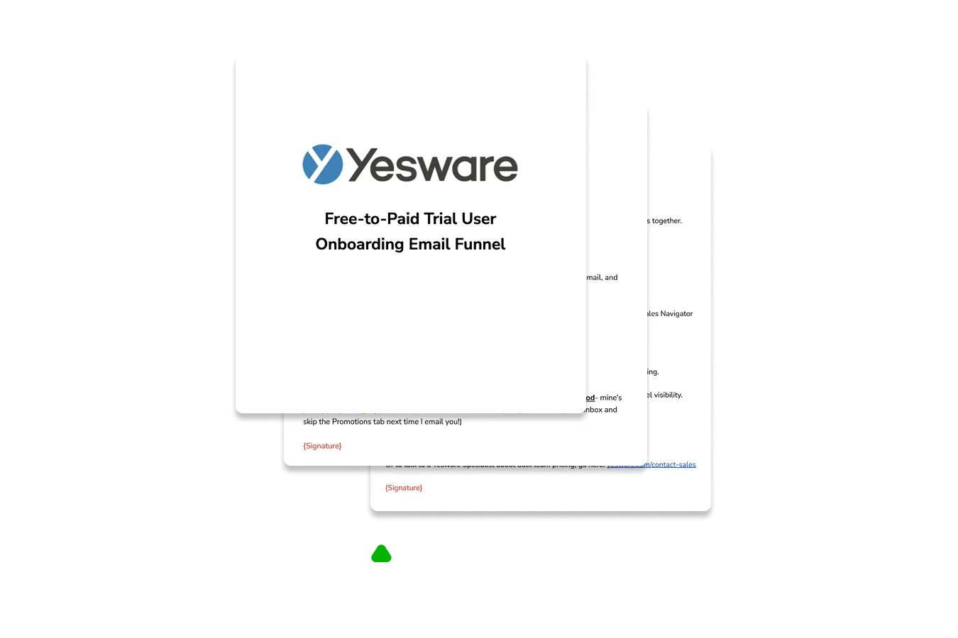 Stack of Yesware email funnel documents with note highlighting trial to paid conversion rates increased from 8% to 13%.