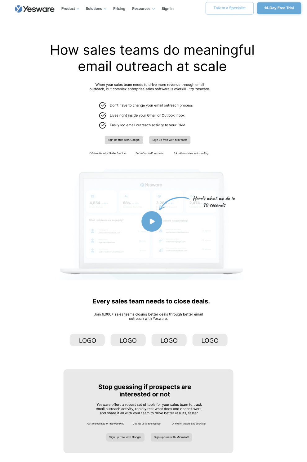 Yesware homepage wireframe