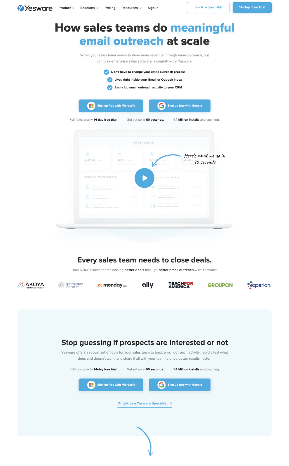 Yesware live homepage design