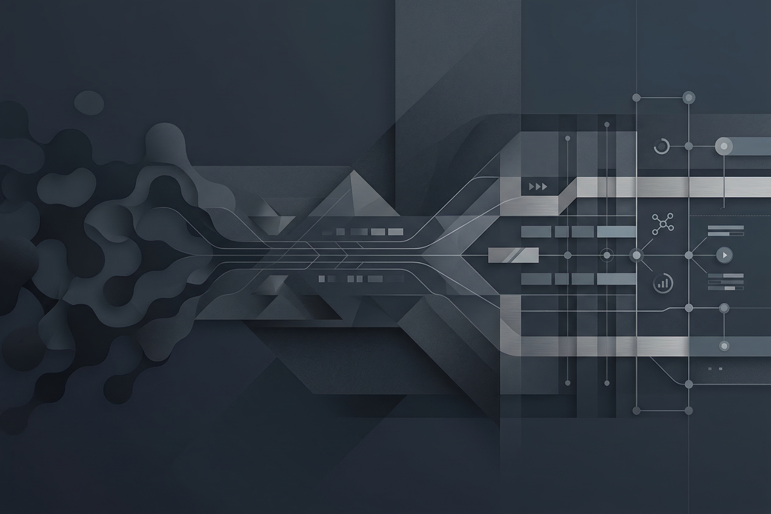 Abstrakte Visualisierung des Übergangs von Planung und Architektur zur technischen Umsetzung