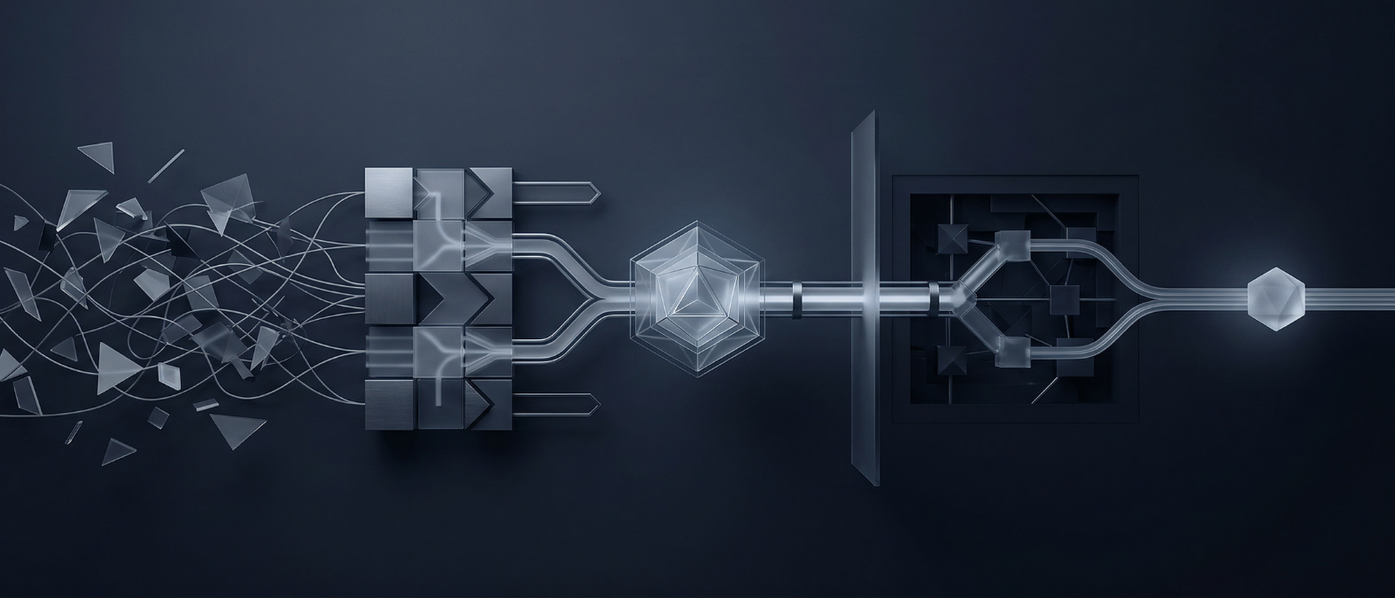 Abstrakte Visualisierung eines digitalisierten Vertriebsprozesses mit Regelwerk, Produktkonfiguration und Systemintegration