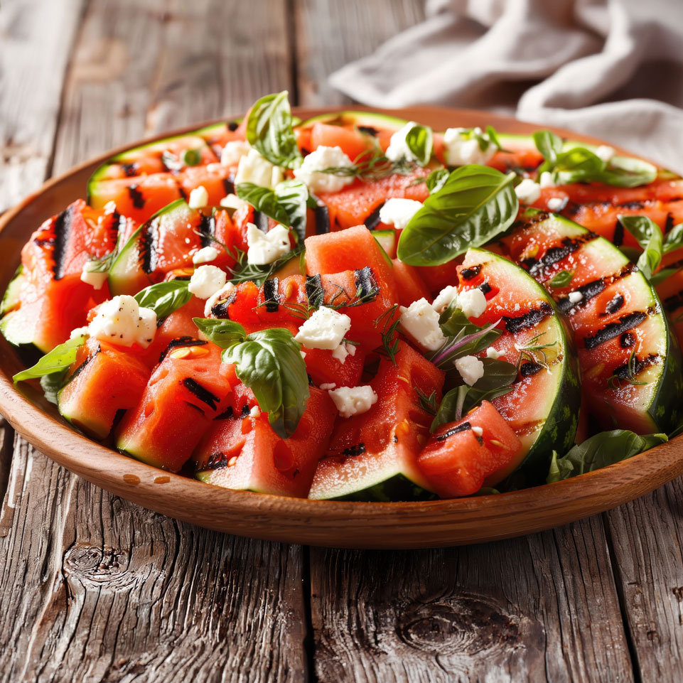 Grilled watermelon slices garnished with fresh basil leaves and crumbled goat cheese on a wooden plate.