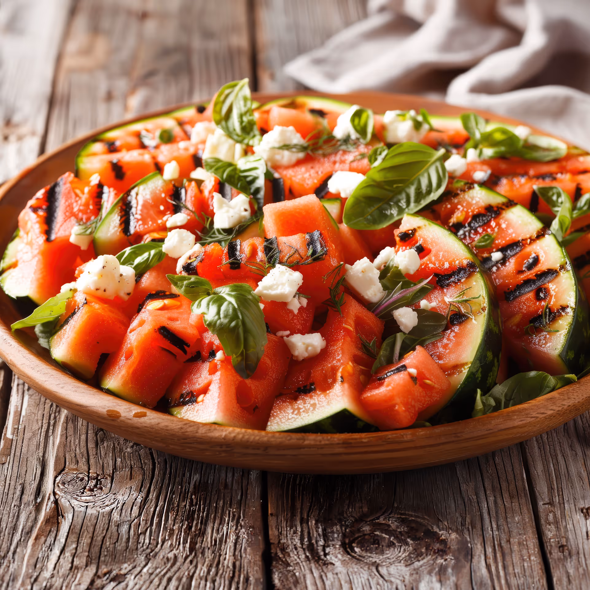 Grilled watermelon slices garnished with fresh basil leaves and crumbled goat cheese on a wooden plate.