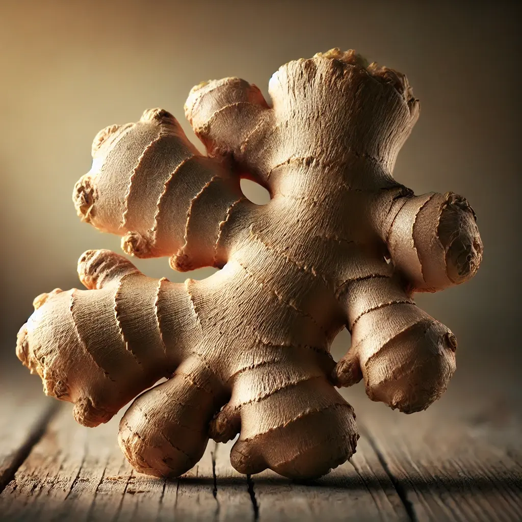 DALL·E 2025-01-26 11.21.08 - A photorealistic image of a fresh raw ginger root, showcasing its knobby, irregular shape and rough beige-brown skin with hints of yellow at the edges