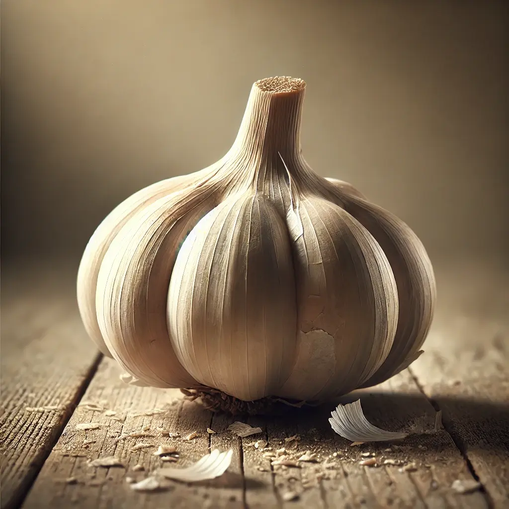 DALL·E 2025-01-26 11.18.32 - A photorealistic image of a head of garlic, with its papery white skin slightly peeling to reveal the cloves underneath. The garlic is centered on a r
