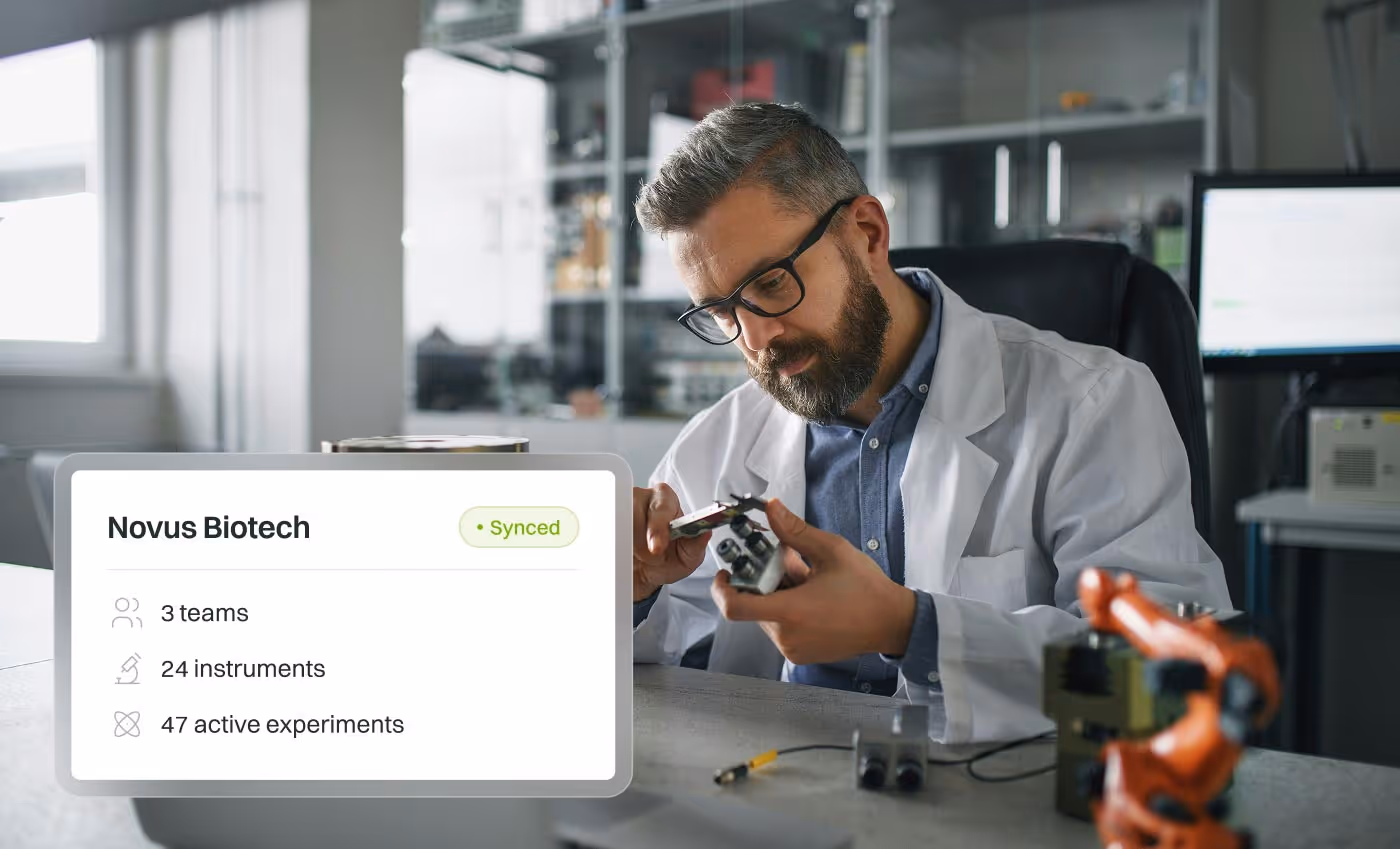 Scientist in a lab coat examining a scientific instrument with a digital overlay showing the synced data platform for an enterprise team.