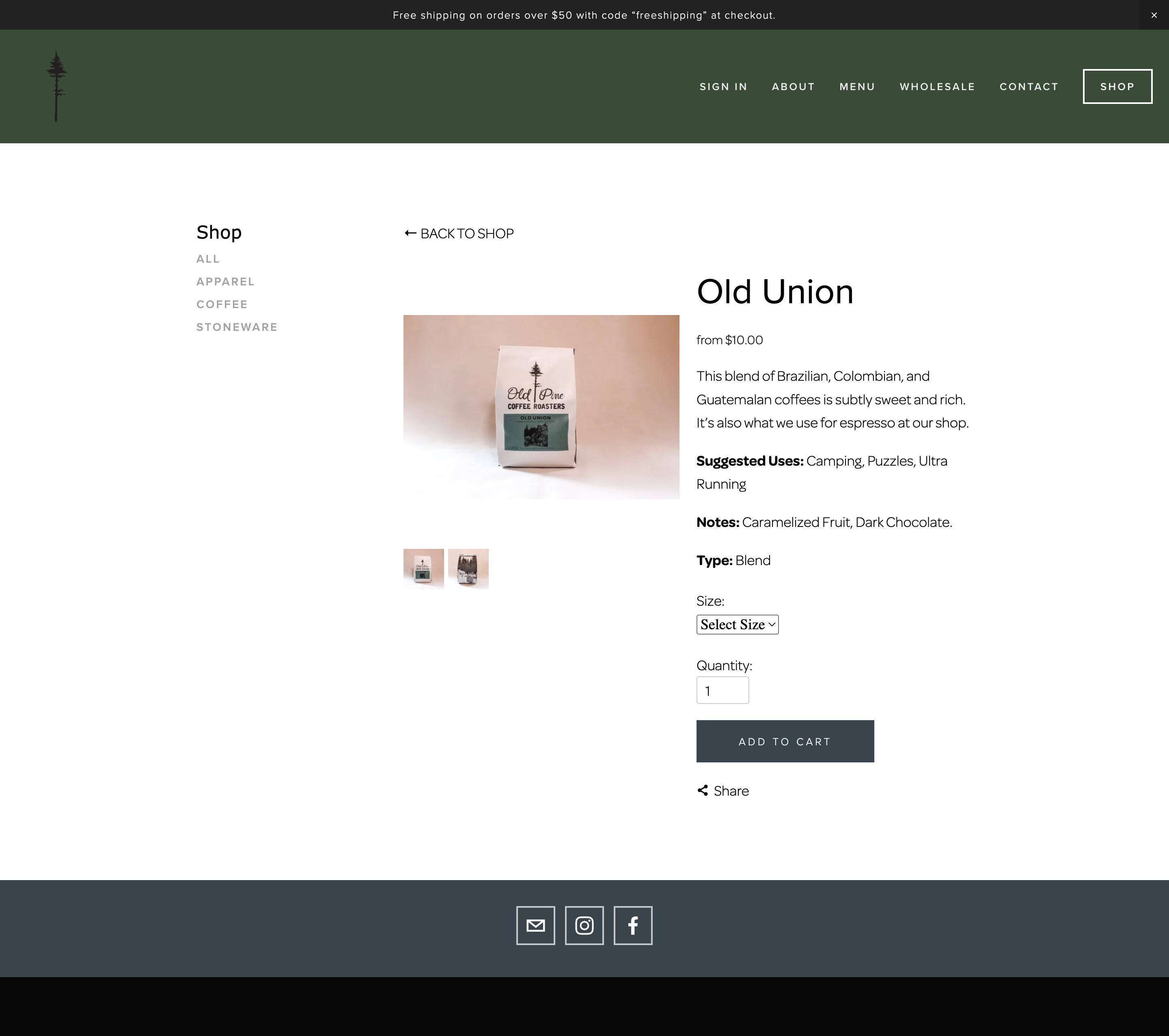 Product page showing a white bag of Old Union coffee with a minimalist tree logo and pricing details.