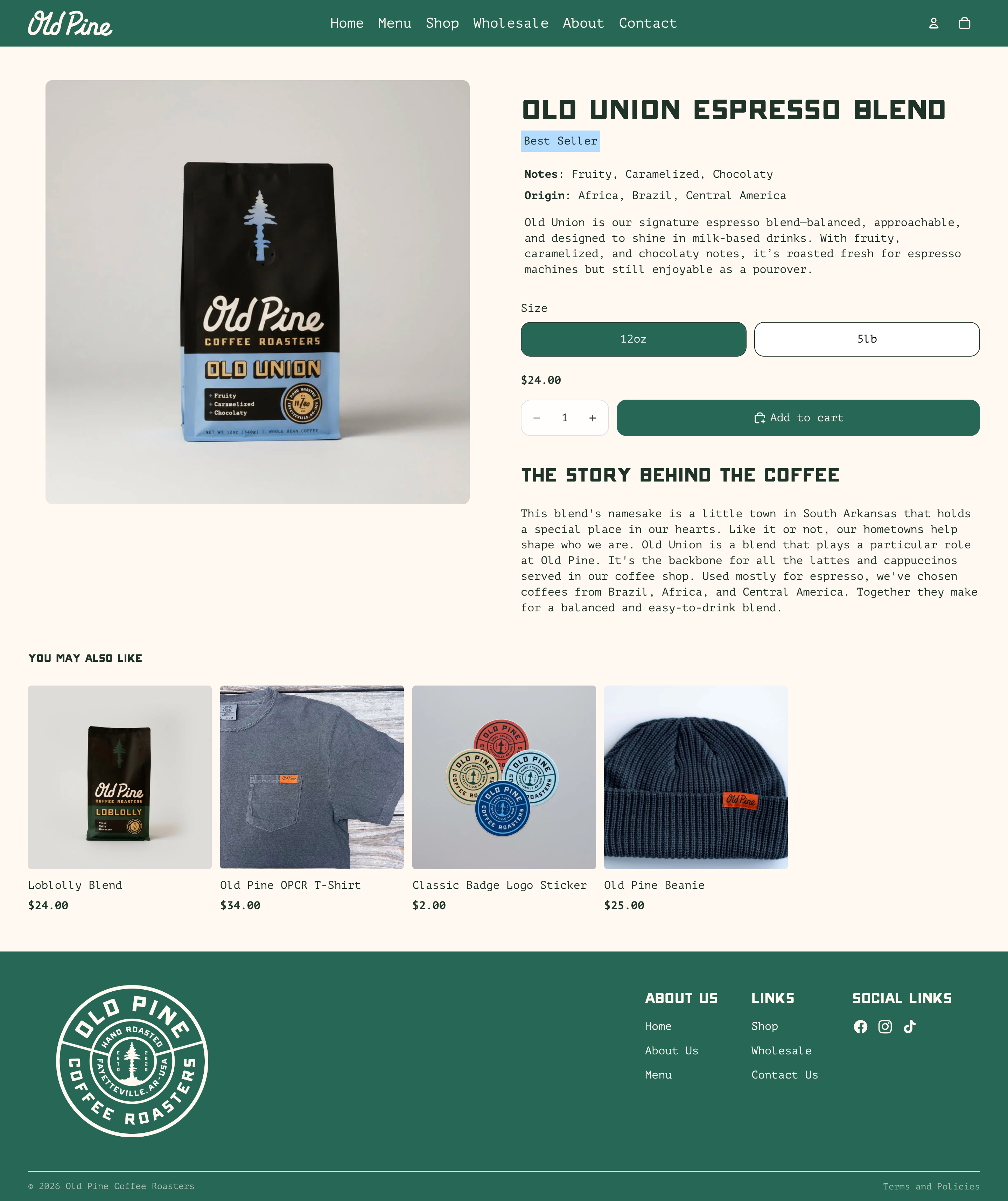 Old Union Espresso Blend coffee package from Old Pine Coffee Roasters with product details, size options, and add to cart button on a website.