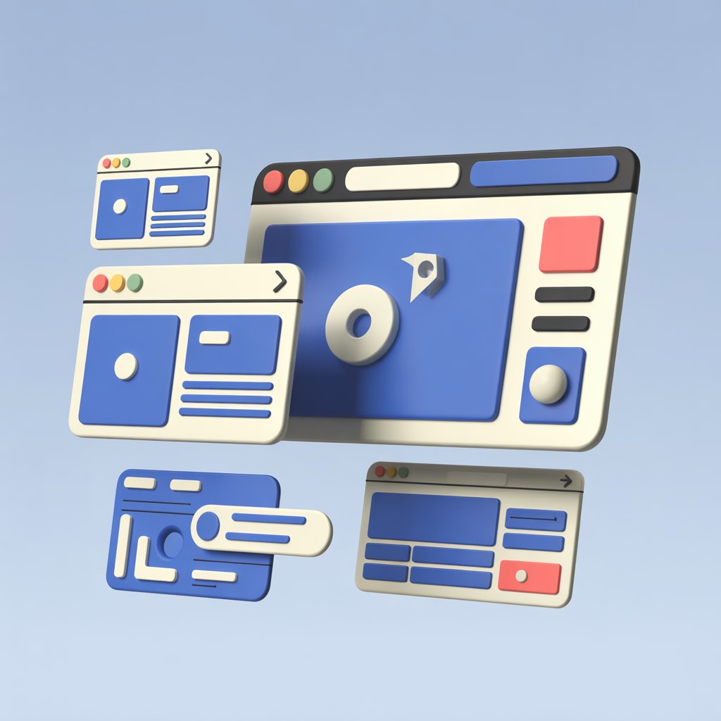 3D illustration of multiple website browser windows in blue, white, red, and green floating against a light blue background.