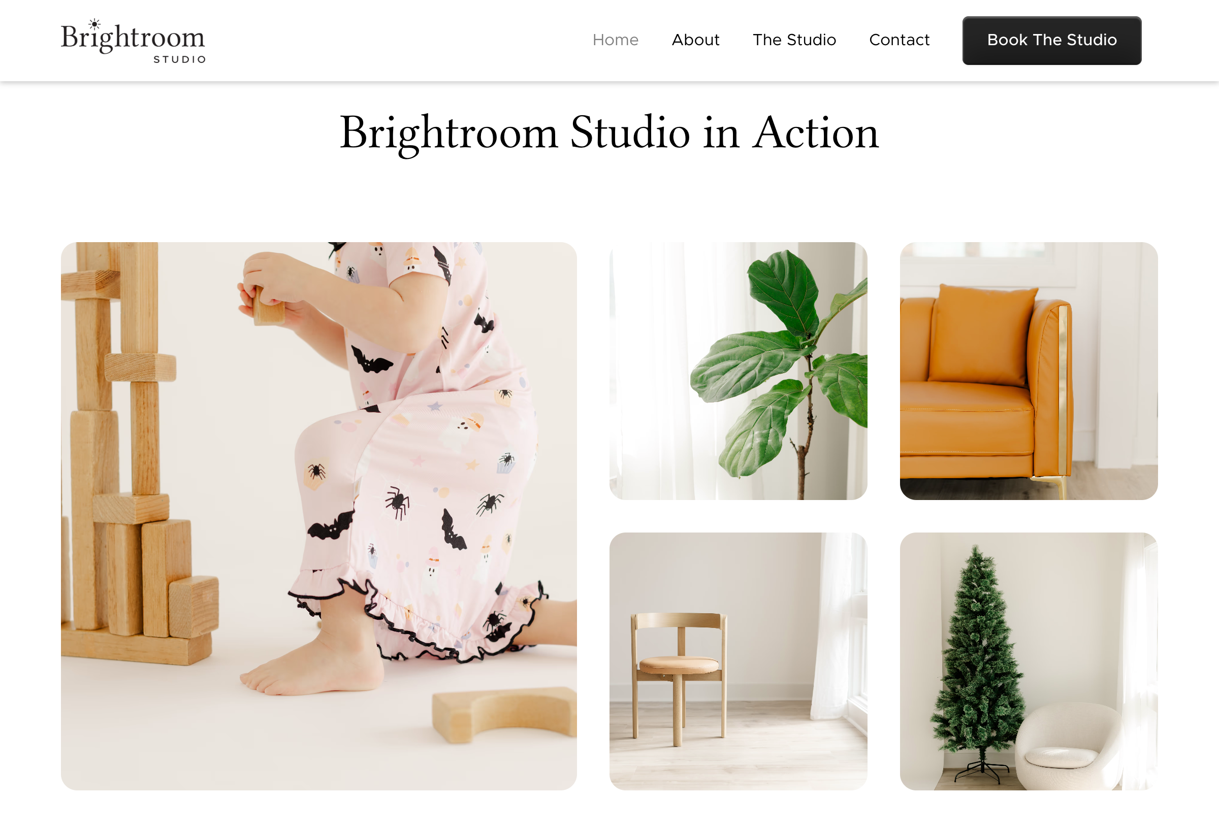 Website section titled 'Brightroom Studio in Action' showing a child building with wooden blocks, a green plant, an orange armchair, a wooden chair, and a small artificial Christmas tree with a white chair.