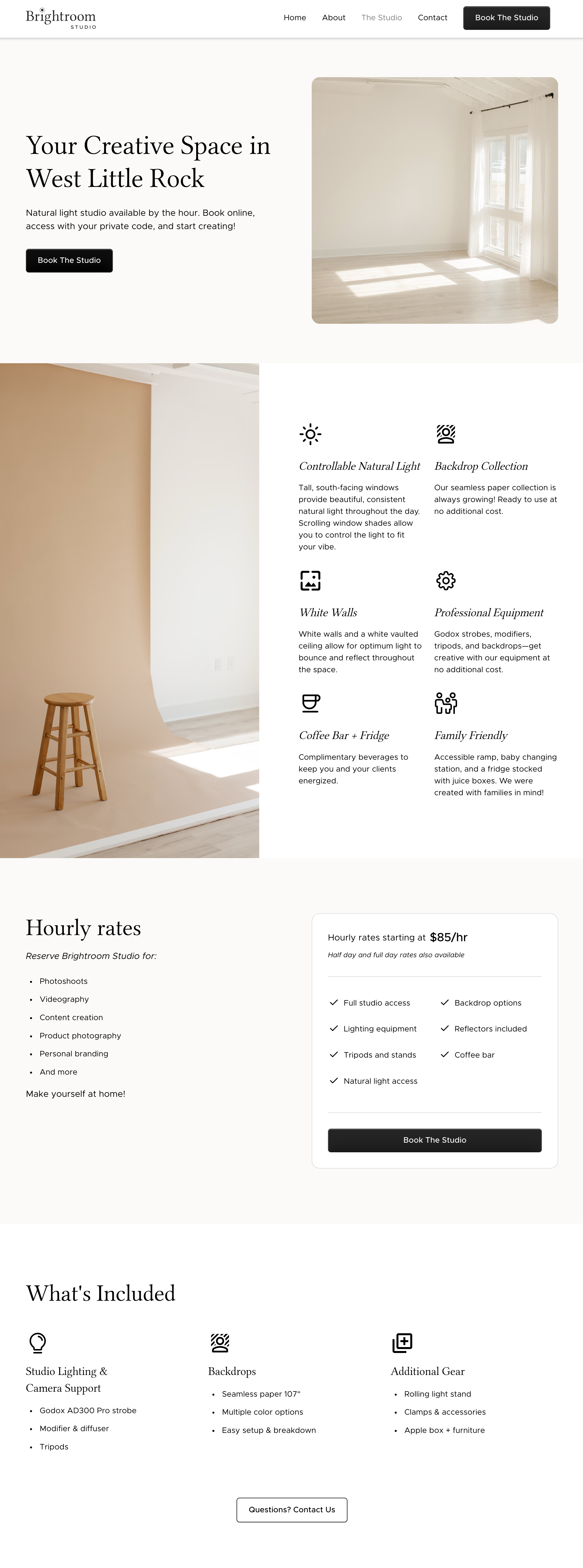 Bright, airy photography studio with white walls, large south-facing windows, natural light, a beige backdrop with wooden stool, and a detailed description of amenities and hourly rates.