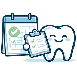 Smiling tooth character holding a checklist clipboard with a calendar displaying check marks in the background.