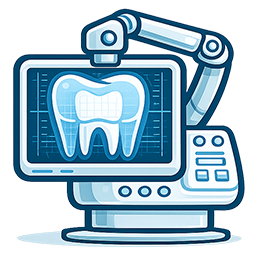 Digital dental technology illustration showing a robotic arm scanning a tooth on a monitor.