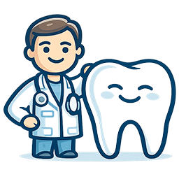 Cartoon male dentist standing next to a smiling tooth character.