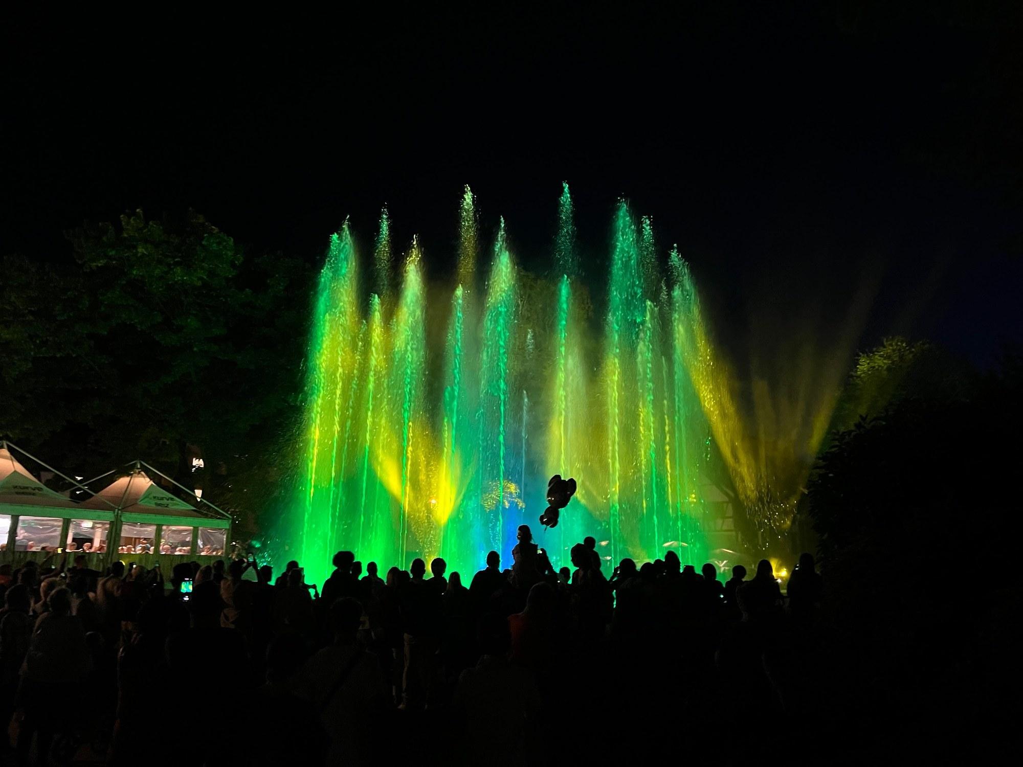Publikum vor einer leuchtenden Wassershow