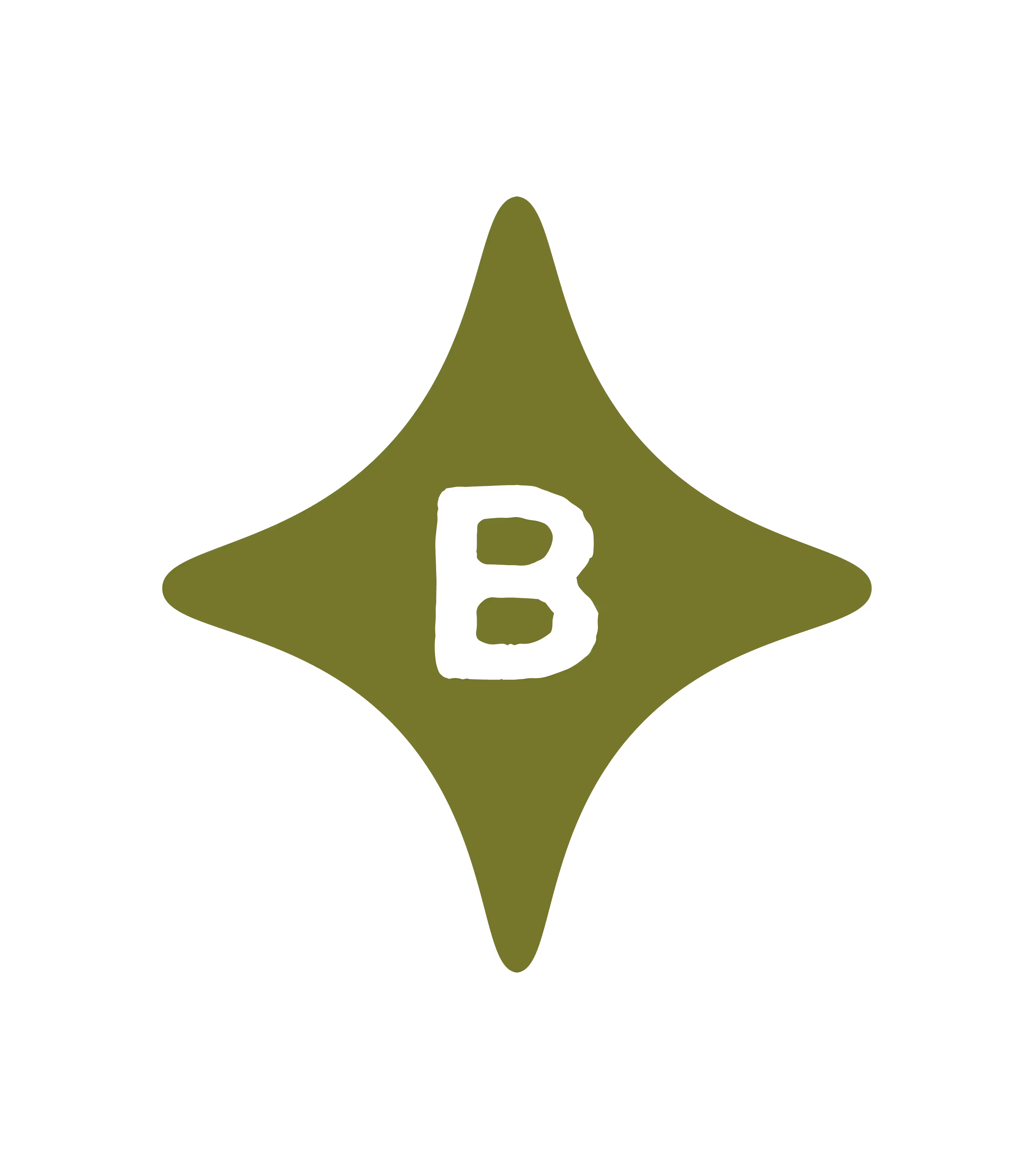 Beige star shape with rounded points and a white letter B in the center on a white background.