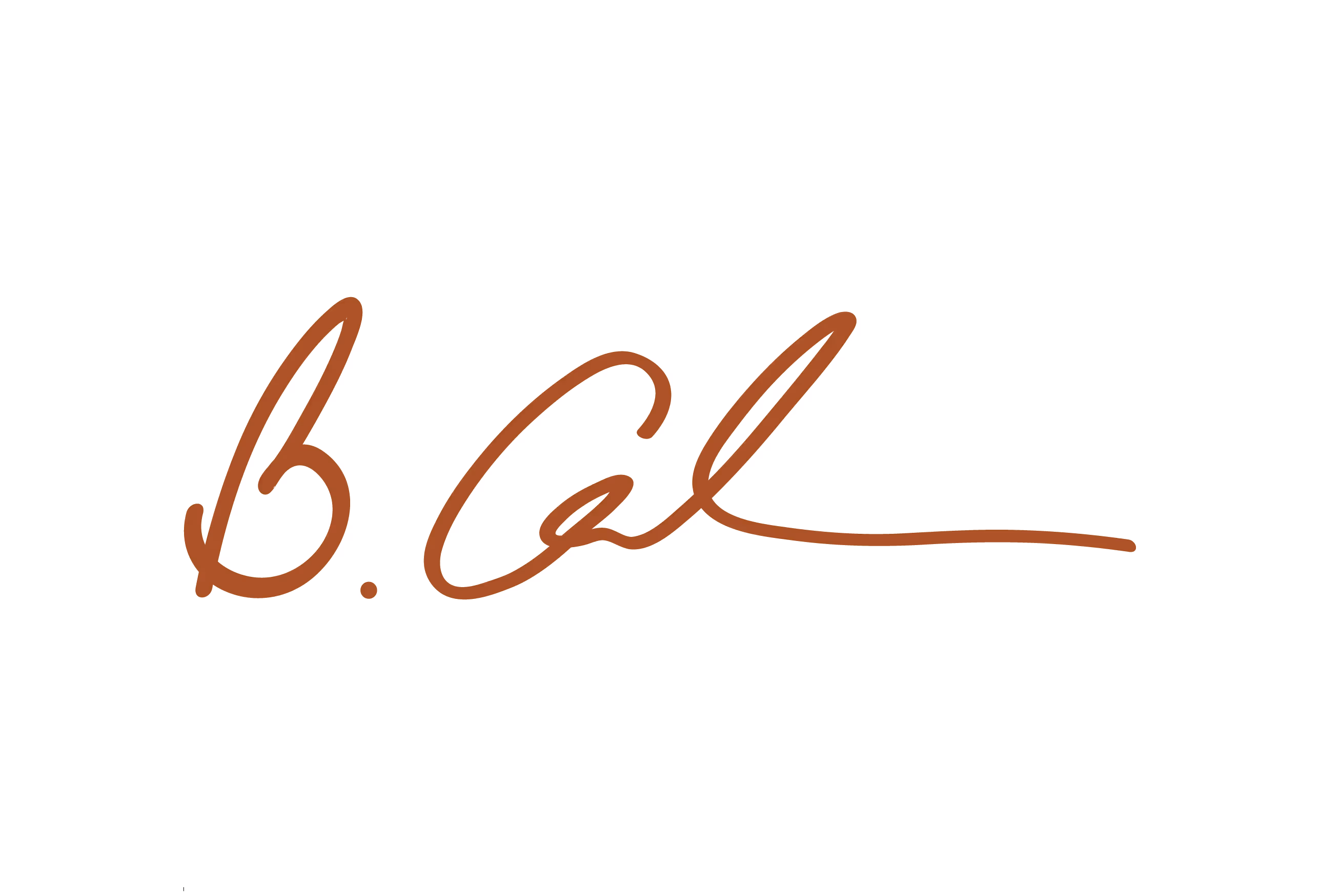 Light beige digital signature resembling initials B. Cal with a flowing line.