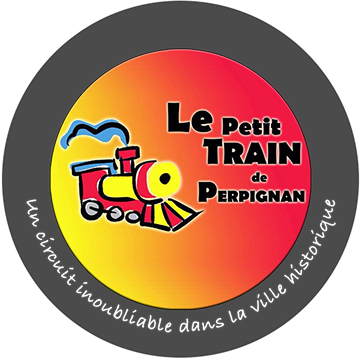 Logo coloré avec un petit train stylisé et le texte « Le Petit TRAIN de Perpignan » sur un fond dégradé jaune-rouge, avec la phrase « Un circuit inoubliable dans la ville historique » autour.