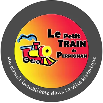 Logo coloré avec un petit train stylisé et le texte « Le Petit TRAIN de Perpignan » sur un fond dégradé jaune-rouge, avec la phrase « Un circuit inoubliable dans la ville historique » autour.