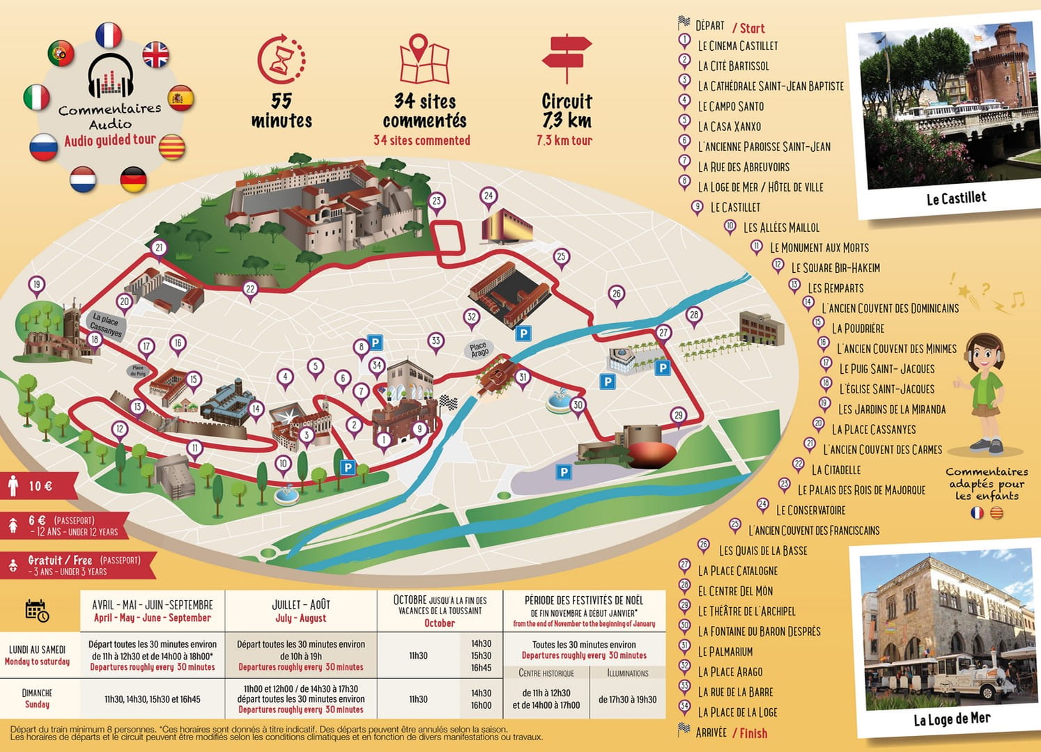 Carte de circuit touristique de 7,3 km à Perpignan illustrant un parcours avec 34 sites commentés, horaires de départ, tarifs et commentaires audio multilingues.