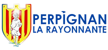 Blason de Perpignan avec un enfant debout et le texte Perpignan La Rayonnante en bleu.