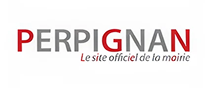 Logo avec le texte 'PERPIGNAN' en majuscules gris et rouge, suivi de 'Le site officiel de la mairie' en italique.