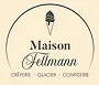 Logo beige rond avec un cornet de glace brun et le texte Maison Gellmann, crêperie, glacier, confiserie en brun.