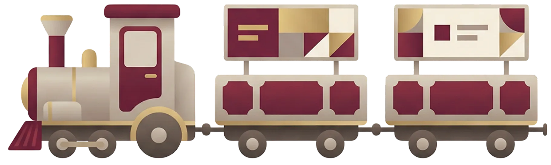 Illustration d'un petit train avec une locomotive blanche et bordeaux tirant deux wagons décorés de motifs géométriques dorés et bordeaux.