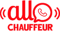 Logo rouge Allo Chauffeur avec une icône de téléphone encadrée par des ondes sonores.