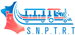 Logo coloré avec un cheval bleu à gauche, une locomotive de train stylisée en bleu et rouge au centre, et les lettres S.N.P.T.R.T. en bleu en dessous.