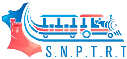 Logo coloré avec un cheval bleu à gauche, une locomotive de train stylisée en bleu et rouge au centre, et les lettres S.N.P.T.R.T. en bleu en dessous.