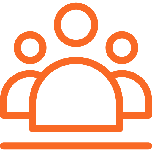 Orange outline icon of three people representing a group or team.