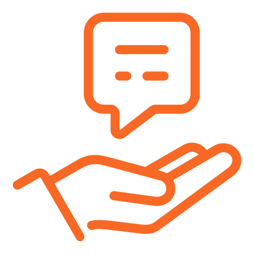 Orange outline of an open hand with a speech bubble containing lines above it, symbolizing communication or support.