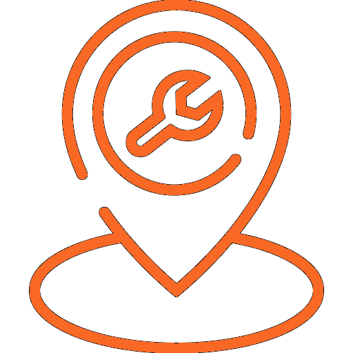 Orange location pin icon with a wrench inside, symbolizing repair or technical support.