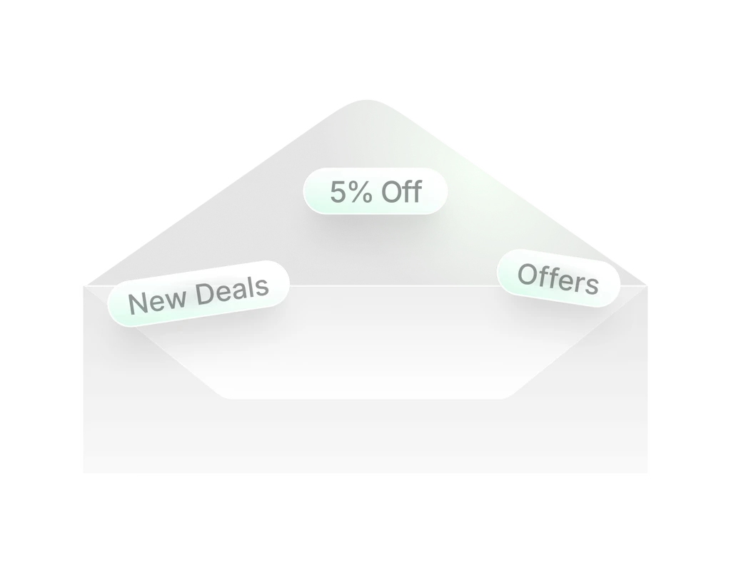 Open envelope with New Deals, 5% Off and Offers badges